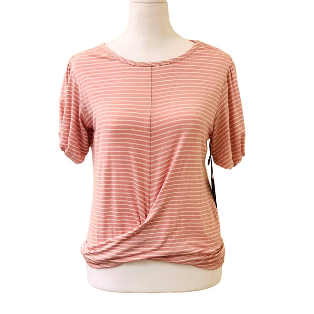 Haute Monde Pink and White Striped Short Sleeved Top, Wrap Front, Size Small